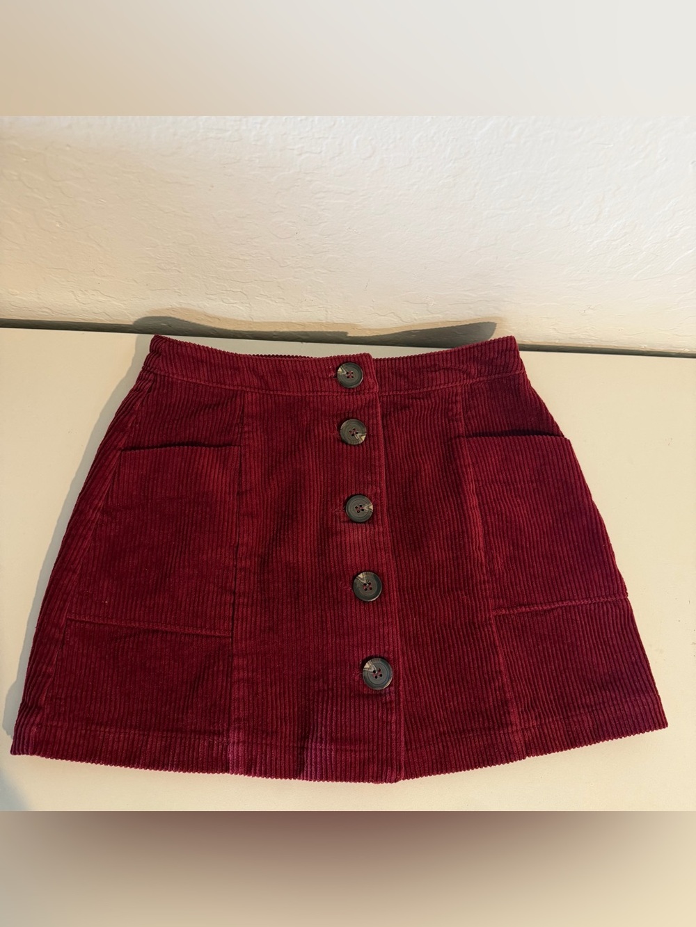 Chloe & Katie Small Burgundy Corduroy Mini Skirt with Front Buttons
